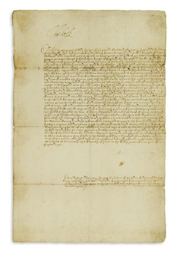 CHARLES I; KING OF ENGLAND. Document Signed, CharlesR, ordering Sir Robert Naunton to pay £3,000 to the Lady Dorothy Drummond.